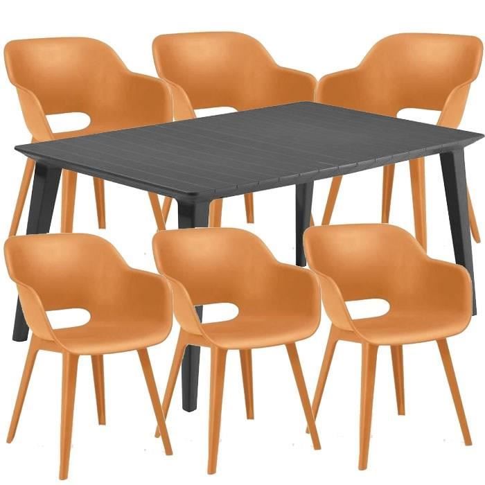 Ensemble repas de jardin rectangulaire - 1 table LIMA 160 cm graphite et 6 fauteuils AKOLA ocre