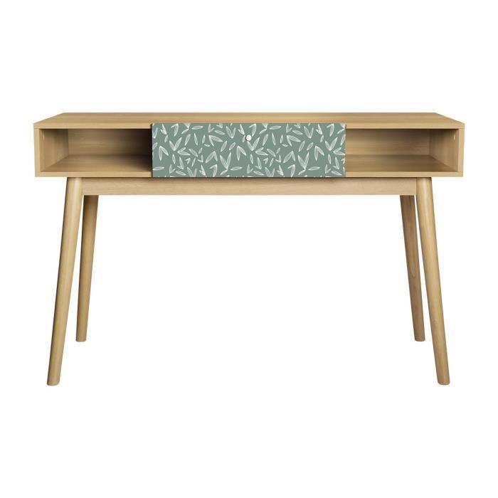 Bureau avec 1 tiroir GARDENIA- Décor chêne et vert - Pieds en bois massif - L 120 x P 55 x H 75 cm