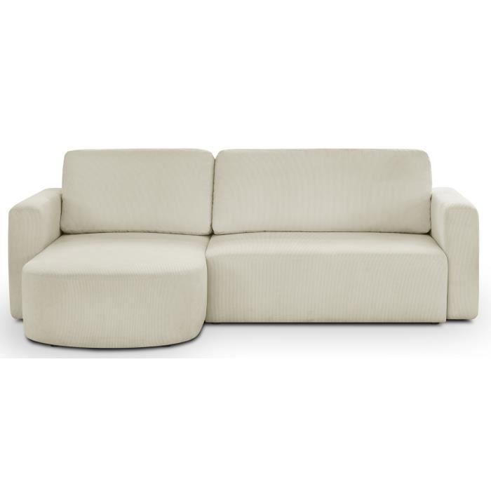 Canapé d'angle convertible et réversible 3 places GALET - Velours côtelé beige - Coffre de rangement
