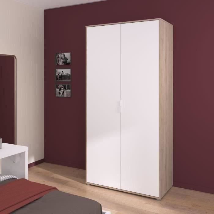 Armoire de chambre AALBORG - Décor Blanc et chêne - 2 portes battantes - L100 x P502 x H2043 cm - PARISOT