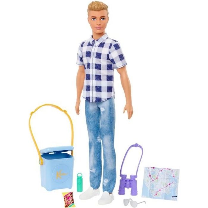 Poupée Barbie Ken Camping - 3 ans et + - Chemisette à carreaux, jean, paire de tennis - 6 accessoires inclus