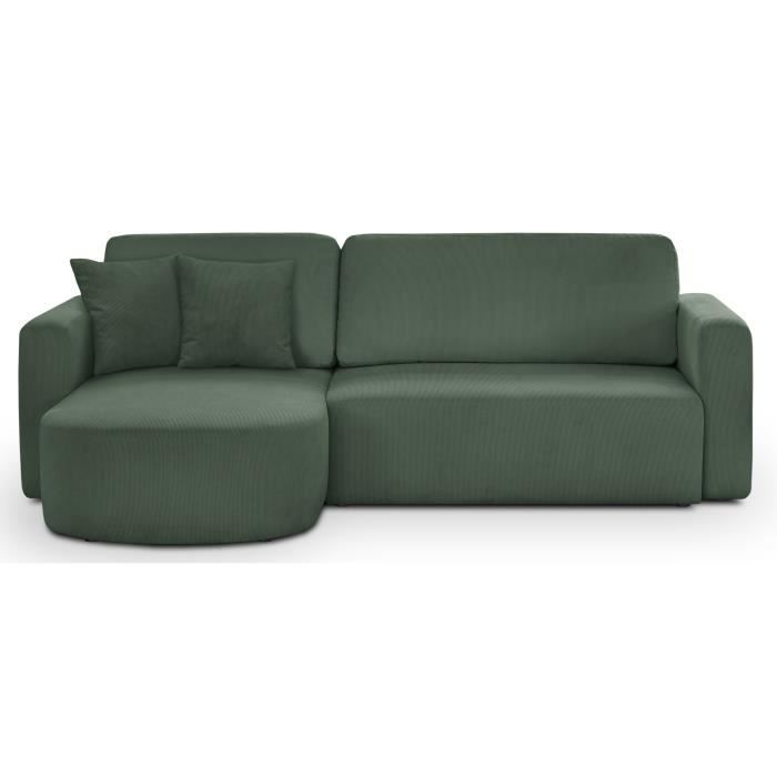 Canapé d'angle convertible et réversible 3 places GALET - Velours côtelé kaki - Coffre de rangement 