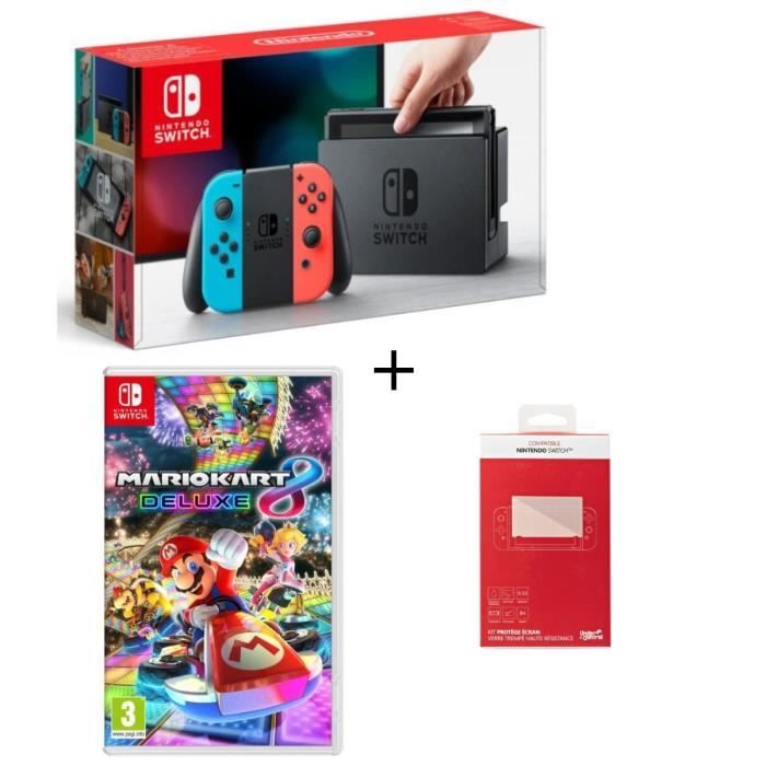 Pack Nintendo Switch Néon + Mario Kart 8 Deluxe + Kit protège écran