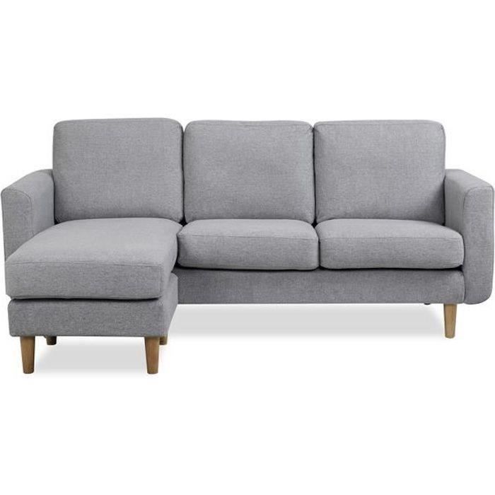 Canapé d‘angle reversible - Tissu gris clair avec piétement en bois naturel - L 197 x P 137 x 83 cm 