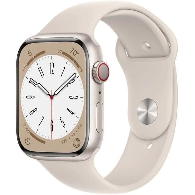 Apple Watch (Series 8) 2022 GPS 45 mm - Aluminium Lumière stellaire - Bracelet sport Blanc - Reconditionné - Etat correct - Apple