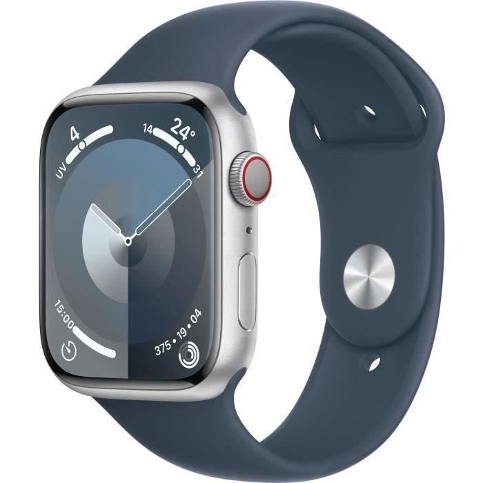 Apple Watch Series 9 GPS - 45mm - Boîtier Silver Aluminium - Bracelet Storm Blue Sport Band - (2023) - Reconditionné - Etat correct