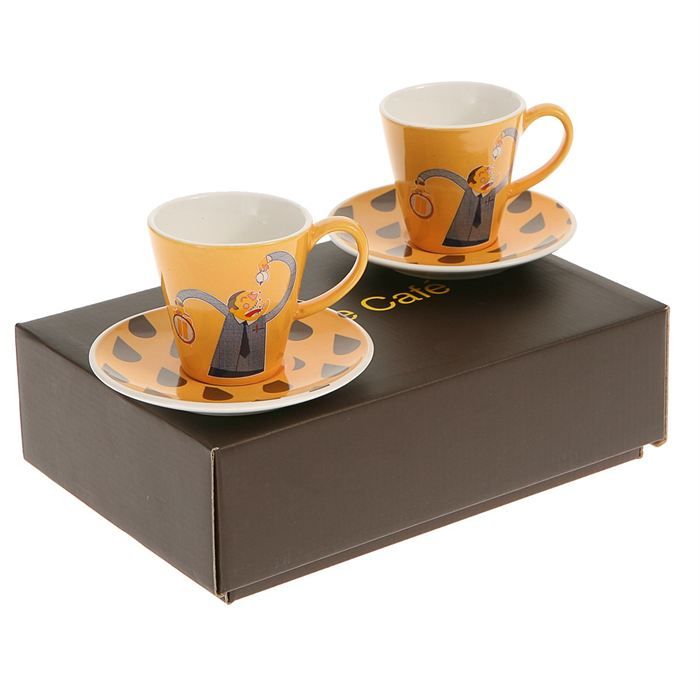 Service à Café Méo Décoré - 2 Tasses Avec Sous-tasses - Occasion Bon état - Décoration
