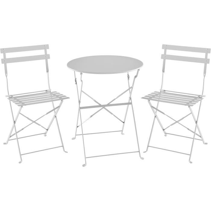 Set bistrot - Ensemble repas de jardin - Table pliante Diam.60 cm + 2 chaises - Acier thermolaqué - Gris