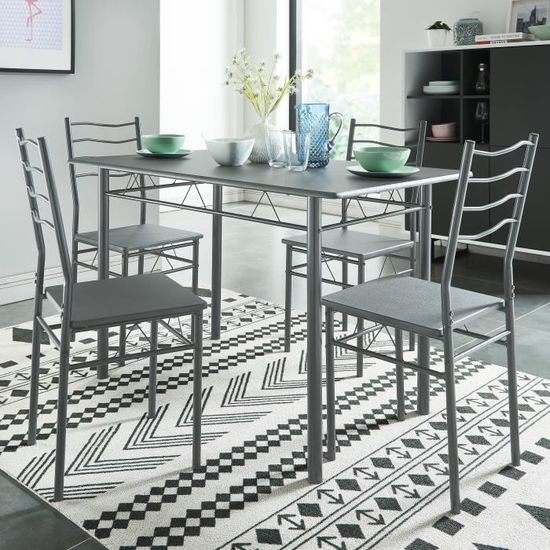 NINA Ensemble table à manger de 4 à 6 personnes + 4 chaises - Contemporain - En métal et MDF gris laqué - L 120 x l 70 cm
