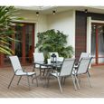 Ensemble repas de jardin 6 personnes - table 150x90cm plateau en verre trempé et 6 fauteuils assise textilène - KIRIBATI-0
