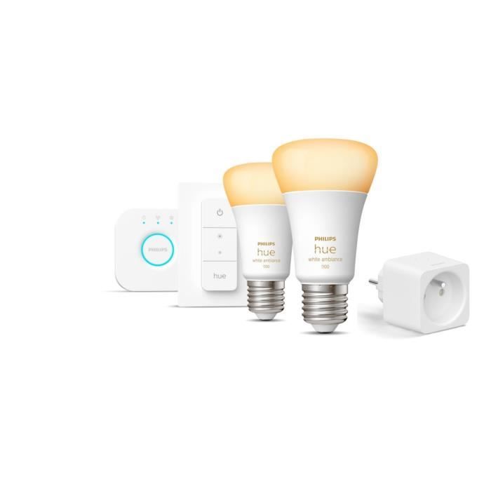 PHILIPS Hue Kit démarrage ampoule LED connectée White - 10,5W - Lot 2 E27 - Télécommande Hue - Pont - Prise connectée