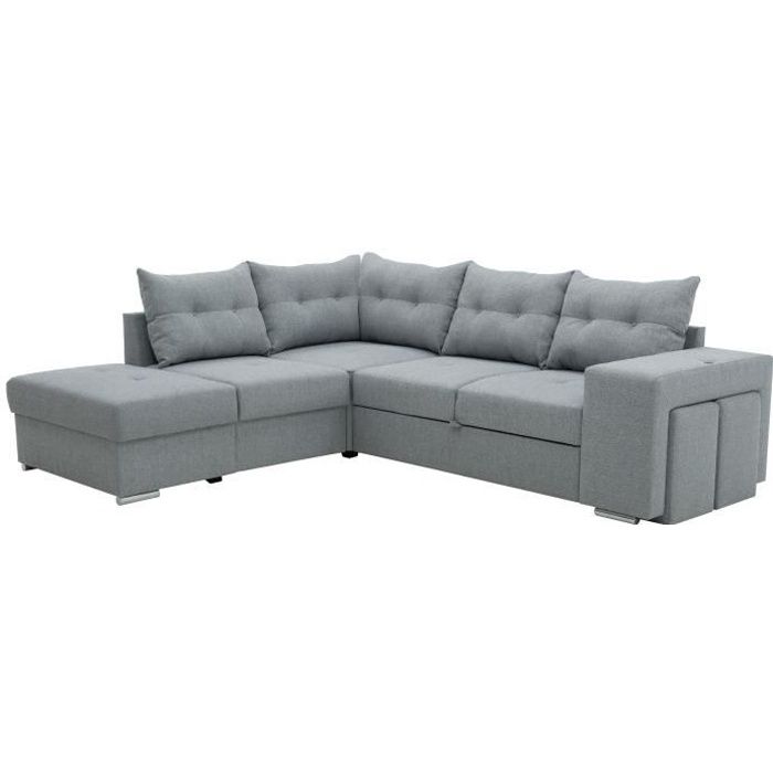 Canapé angle convertible réversible 7 places MITCHELL - Coffre, 2 poufs, prise 2 ports USB - Tissu Gris - L 247 x P 205 x H 91 cm