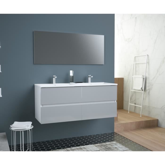 TOTEM Salle de bain 120cm - Gris - 4 tiroirs fermetures ralenties - double vasque en céramique + mir