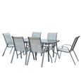 Ensemble repas de jardin 6 personnes - table 150x90cm plateau en verre trempé et 6 fauteuils assise textilène - KIRIBATI-1