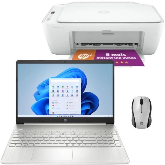 PC Portable HP - 15s-eq2074nf - 15" FHD - Ryzen 5-5500U - 8Go - 512Go SSD - W11 + HP DeskJet 2710e Imprimante + Souris sans-fil 200