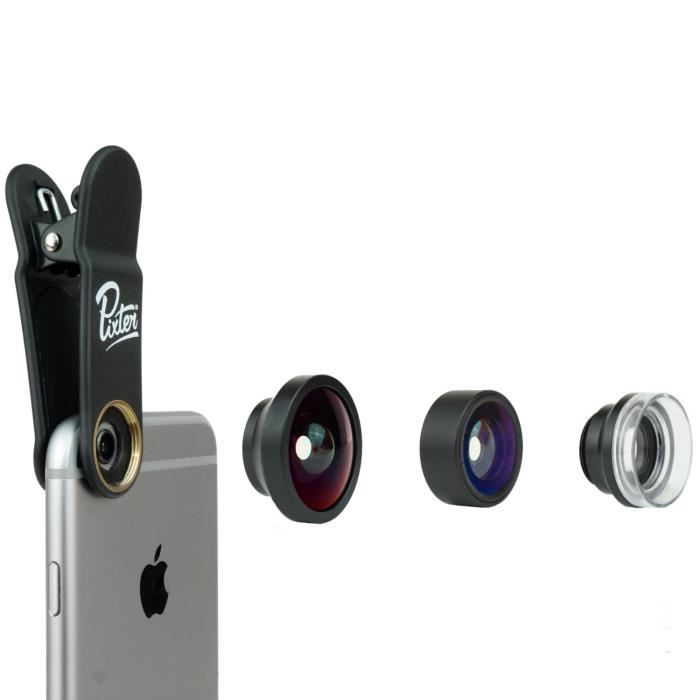 Pack Starter - PIXTER - Objectif Fisheye, Grand Angle, Ultra Macro - Clip, Lingette, Cache - Housse 