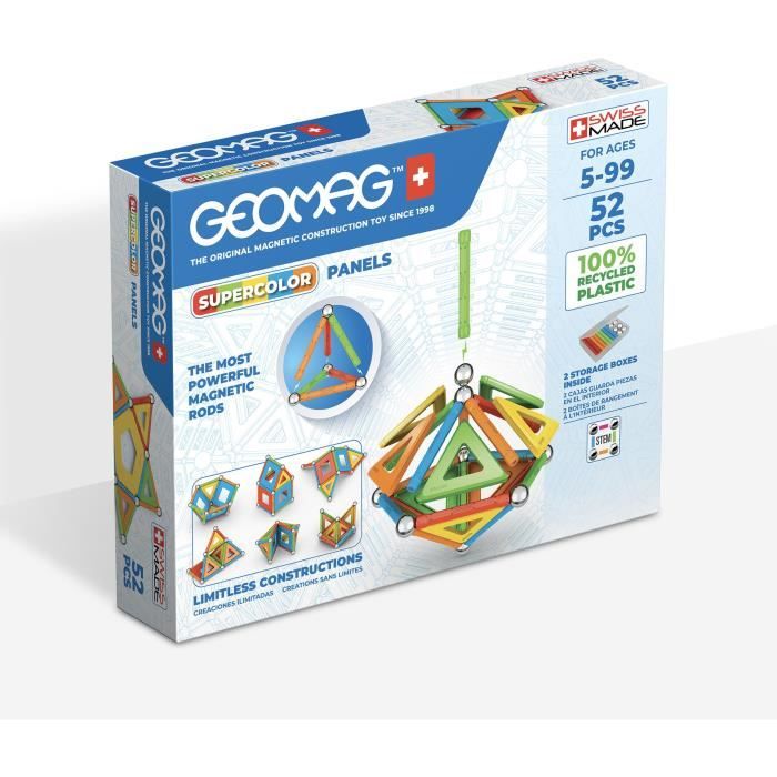 Jeu de construction magnétique - GEOMAG - Supercolor Panels Recycled 52 pièces - Jouet éducatif - 3D - Durable