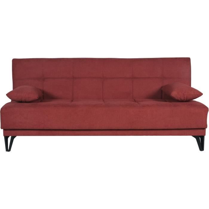 Banquette convertible 3 places - LIMRA - Tissu rouge - 2 coussins - 190 x 87 x 87 cm