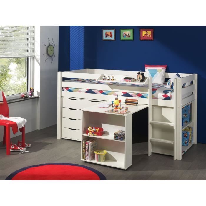 Lit mezzanine 90x200 cm + bureau + bibliothèque + commode - PINO - Blanc - Avec tiroirs - Bois massif Lit mezzanine 90x200 cm + bureau + bibliothèque + commode - PINO - Blanc - Avec tiroirs - Bois massif