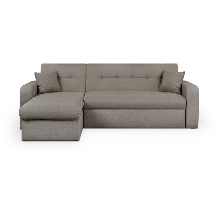 Canapé d'angle convertible et réversible 3 places ROMAN - Tissu taupe - Coffre de rangement - L235 x