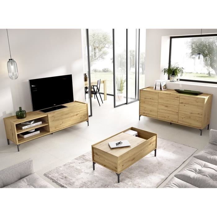 Ensemble salon Meuble TV 155cm + Buffet 3 portes 155 cm + Table basse relevable - Mélamine -Chêne Ar