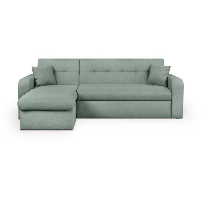 Canapé d'angle convertible et réversible 3 places ROMAN - Tissu vert d'eau - Coffre de rangement - L