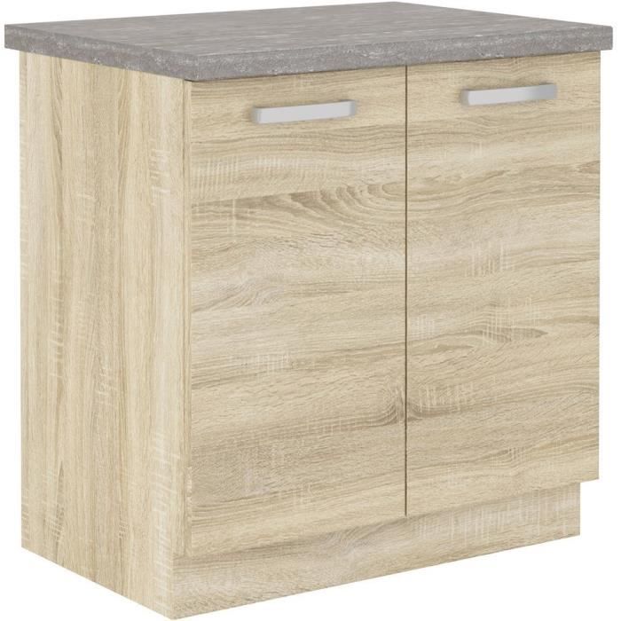 Meuble bas 2 portes battantes avec plan de travail - Décor chêne sonoma - L 80 x P 51,6 x H 82 cm - 