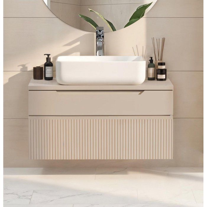 Meuble sous vasque suspendu ROMA 80 cm 2 tiroirs laqu&eacute; Cashmere avec vasque &agrave; poser