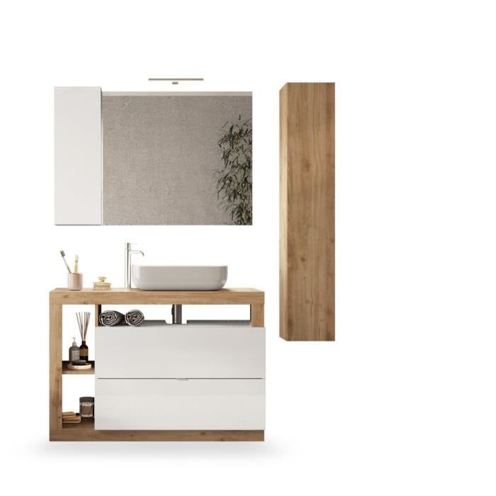 Ensemble Meuble salle de bain HAMBOURG L110 - Vasque + 2 Tiroirs + 3 niches + Colonne - Coloris chên