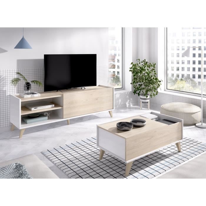 Ensemble salon NESS : Meuble TV + Table basse relevable - Mélaminé - Décor chêne clair et blanc