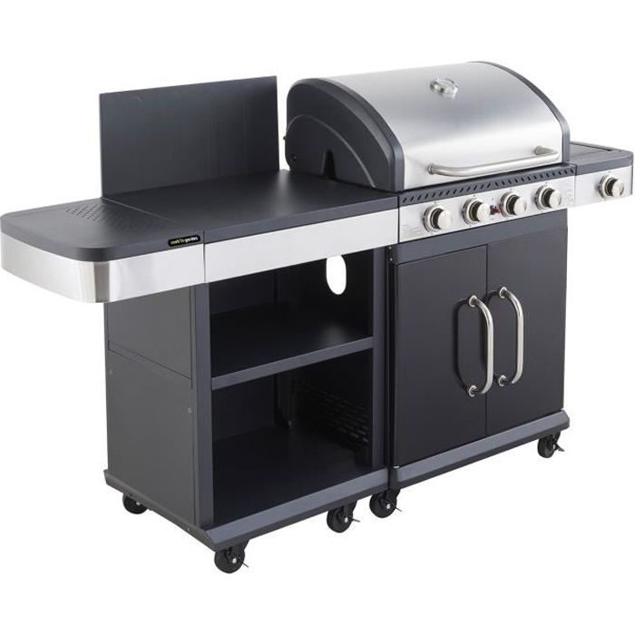 Barbecue Gaz Fidgi + Desserte - Cookin Garden - Barbecue/Plancha à gaz - 4 Brûleurs - Thermomètre Capot - Puissance 14 5 Kw - Barbecue Gaz Fidgi + Desserte - Cookin Garden - Barbecue/Plancha à gaz - 4 Brûleurs - Thermomètre Capot - Puissance 14 5 Kw -