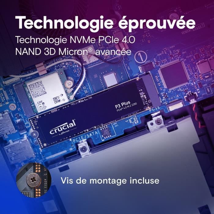 Disque dur SSD CRUCIAL P3 Plus 1 To PCIe 4.0 NVMe M.2 2280 Disque dur SSD CRUCIAL P3 Plus 1 To PCIe 4.0 NVMe M.2 2280