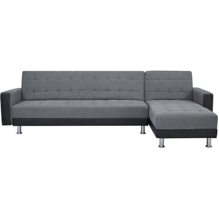 Canapé d'angle 3 places réversible - Tissu gris et simili noir - Pieds en acier - L 277 x P 157 x H 