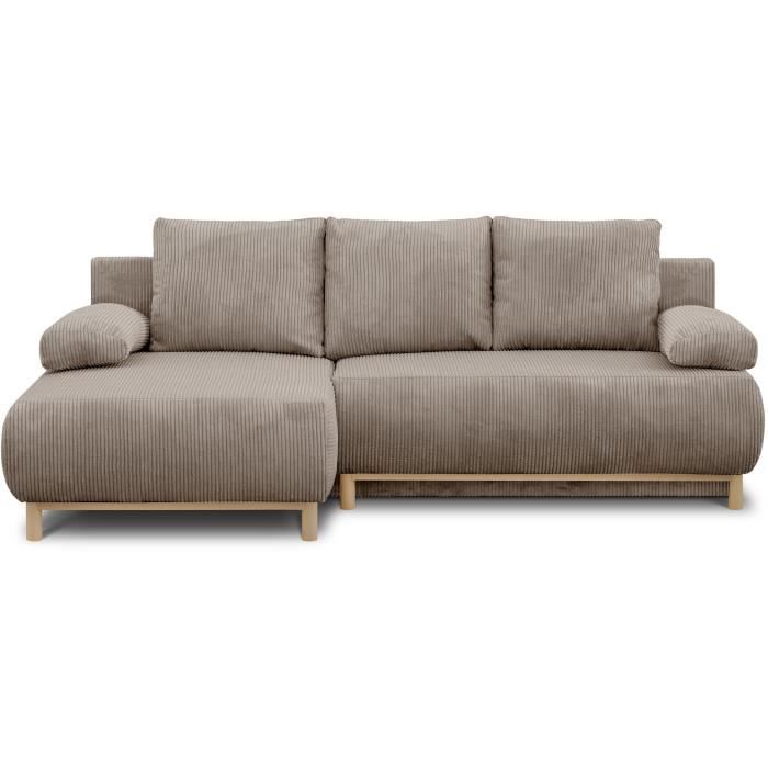 Canapé dangle gauche convertible - 3 places - MIKA - Tissu velours côtelé taupe - Coffre de rangement - 192 x 84 x 93 cm