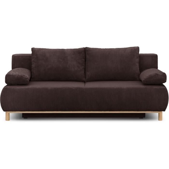 Banquette convertible 3 places MIKA - Velours côtelé marron foncé - Coffre de rangement - L 192 x H 