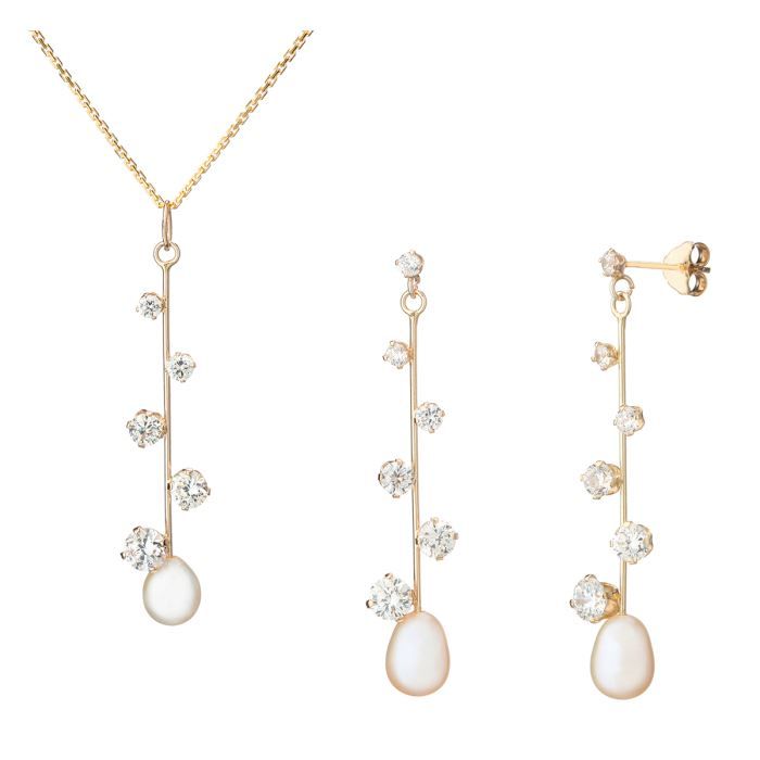Parure De Bijoux Femme Argent 925 - Collier Avec Perles D'eau Douce Et Oxyde De Zirconium, Longueur 45 Cm