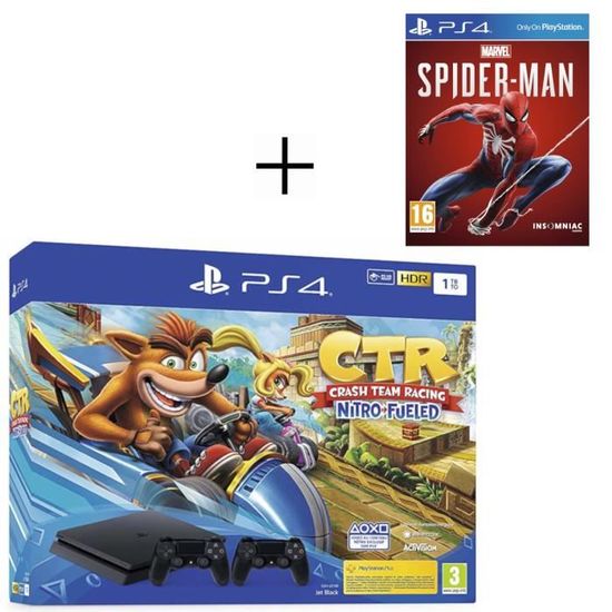 Pack PS4 1 To Noire + Crash Team Racing + 2ème manette DualShock 4 Noire V2 + Marvel's Spider-Man Jeu PS4