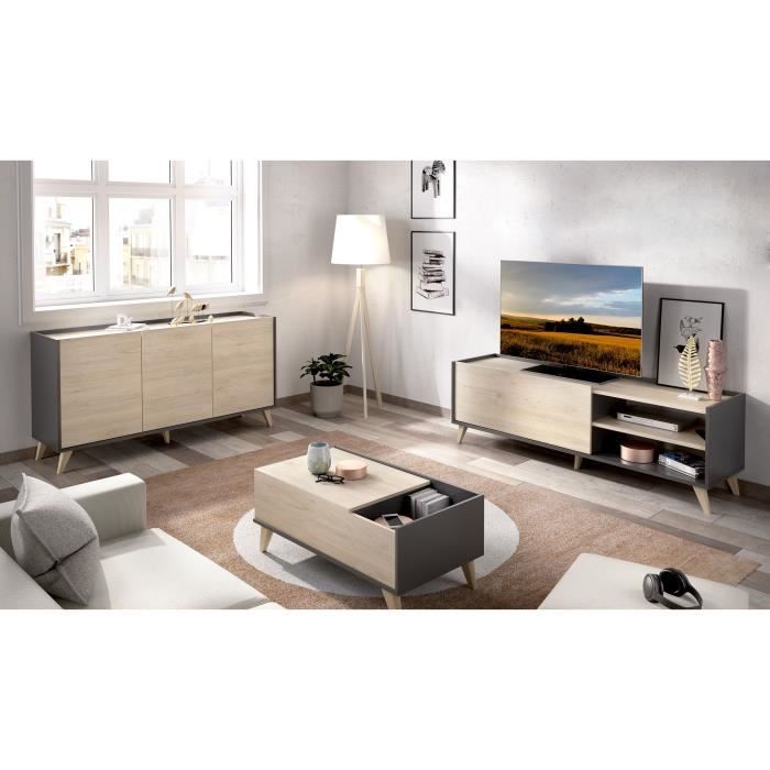 Meuble TV Cengalo, Buffet bas de salon, Buffet de salon pour télévision,  164x39h49 cm, Chêne Nœuds et Anthracite