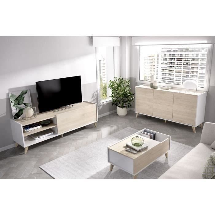 Ensemble meuble TV table basse buffet NESS - Mélaminé - Style scandinave - Chêne et blanc