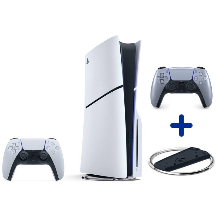 Pack PS5 Standard (avec lecteur CD) : Console PlayStation 5 (Slim) + Socle vertical + 2ème manette DualSense Sterling Silver