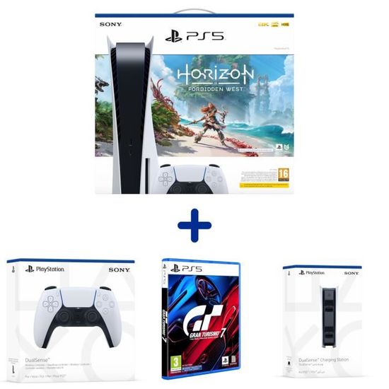 Console PlayStation 5 - Edition Standard + Horizon Forbidden West + GT7 + DualSense White + Station de Rechargement pour DualSense