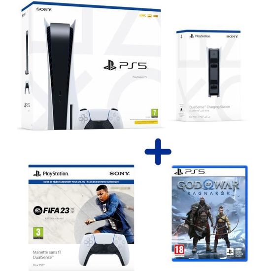 Pack PS5 Standard : Console PS5 + God of War : Ragnarök + FIFA23 (Code) + DualSense Blanche + Station de recharge pour Manettes PS5