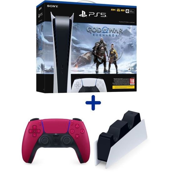 Pack PS5 Digital : Console PS5 Digital + God of War : Ragnarök + Manette DualSense Rouge + Station de Charge pour DualSense