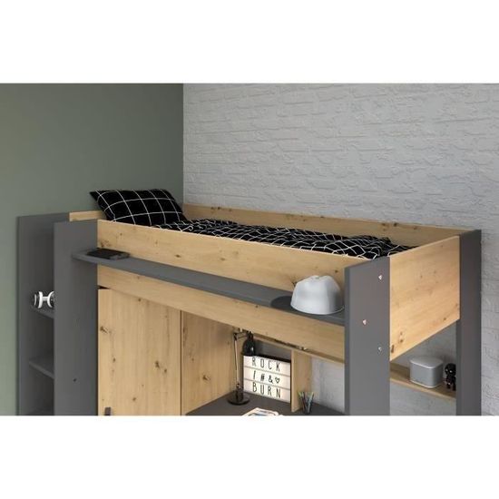 Lit Mezzanine Double Enfant Alexandra PARISOT - 2 Lits 90x200cm - Avec Bureaux Et Rangements - Blanc/Chêne - 3