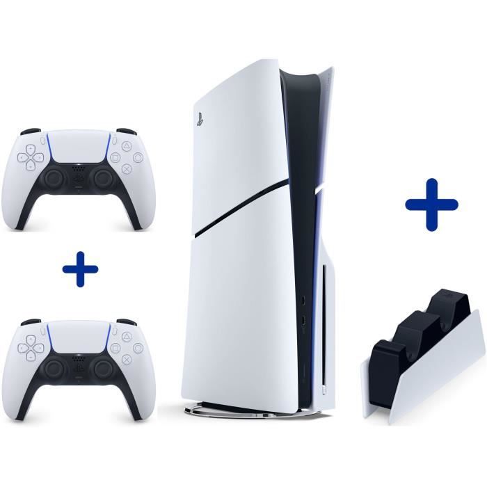 Pack PS5 Digital : Console PlayStation 5 (modèle Slim) + Manette sans fil DualSense - Blanche + Station de charge pour DualSense
