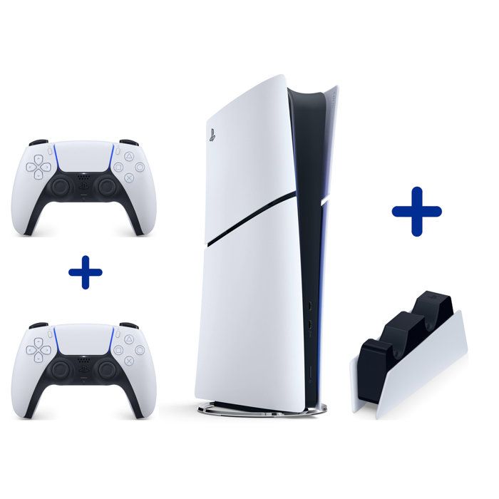 Pack PS5 Digitale (sans lecteur CD) : Console PlayStation 5 (Modèle Slim) + Manette DualSense - Blanche + Chargeur pour DualSense