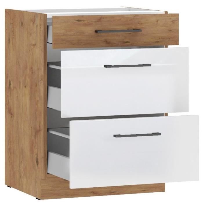 ROCK - Meuble bas casserolier - Mélaminé chêne Lancelot et Blanc brillant - 60 cm - 3 tiroirs - Plan de travail non inclus
