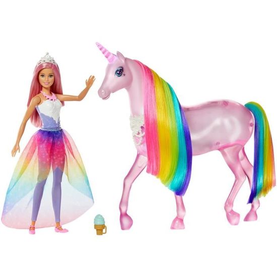 Coffret Poupée Royal Dreamtopia Barbie Et Bébé Licorne +Tapis Magique avec  2 Brosses & 10 Accessoires Coiffure Inclus –