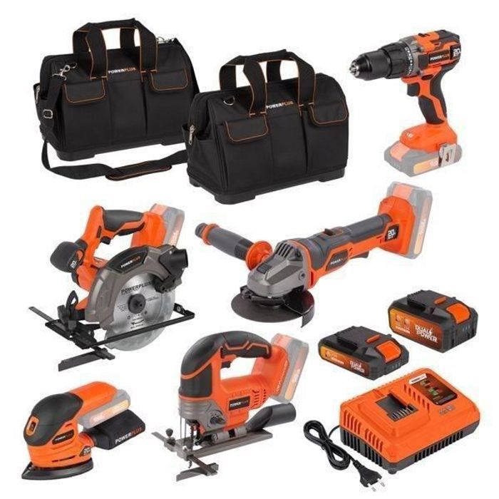 Pack 5 outils sans fil 20V - DUAL POWER POWDPSET32 - Perceuse+Meuleuse+Scie circulaire+Scie sauteuse