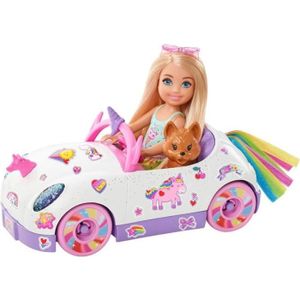 POUPÉE Barbie - Chelsea et sa décapotable licorne et arc-en-ciel, avec autocollants et accessoires - Véhicule Poupée Mannequin - Dès 3 ans